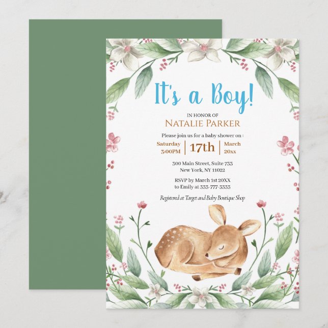 Woodland Deer Floral Greenery Boy Baby Shower Invitation (Front/Back)