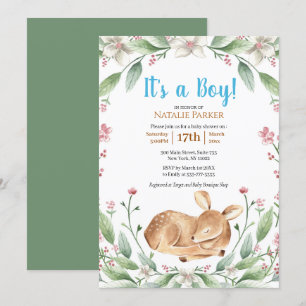 Woodland Deer Floral Greenery Boy Baby Shower Invitation