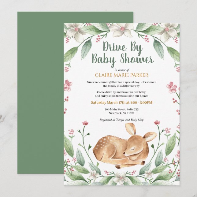 Woodland Deer Floral Greenery Drive By Baby Shower Invitation (Front/Back)