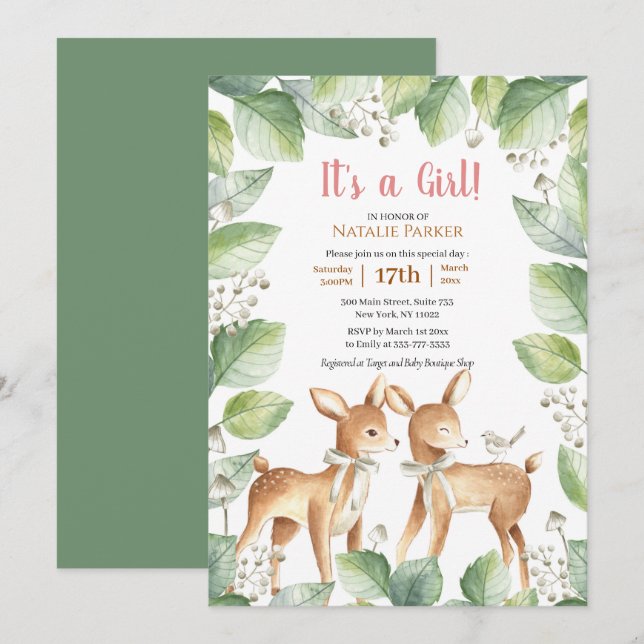 Woodland Deer Floral Greenery Girl Baby Shower Invitation (Front/Back)