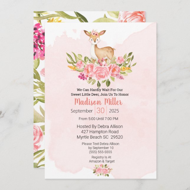 Woodland Deer Floral Pink Baby Shower  Invitation (Front/Back)