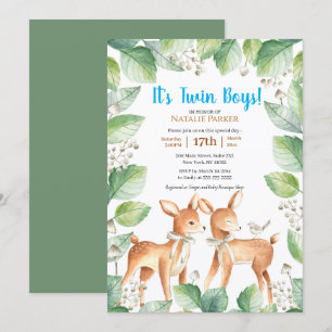 Woodland Deer Floral Twin Boys Baby Shower Invitation