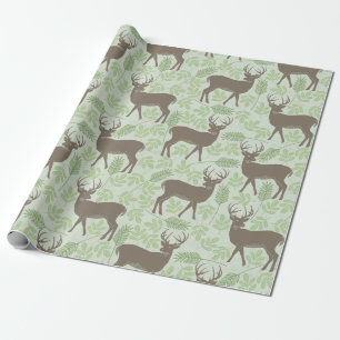 Woodland Deer Foliage Green Brown Pattern Wrapping Paper