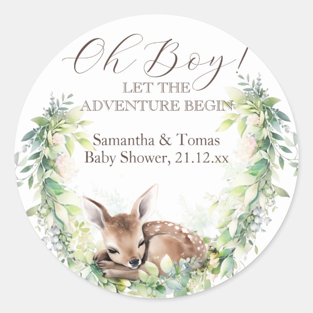 Woodland Deer Forest Greenery Baby Boy Shower Classic Round Sticker (Front)