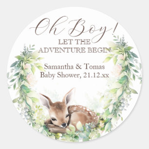 Woodland Deer Forest Greenery Baby Boy Shower Classic Round Sticker