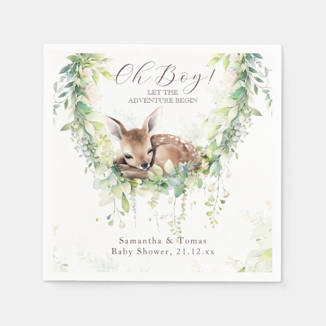 Woodland Deer Forest Greenery Baby Boy Shower Napkin (Front)
