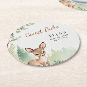 Woodland Deer Forest Neutral Baby Shower Party Round Paper Coaster