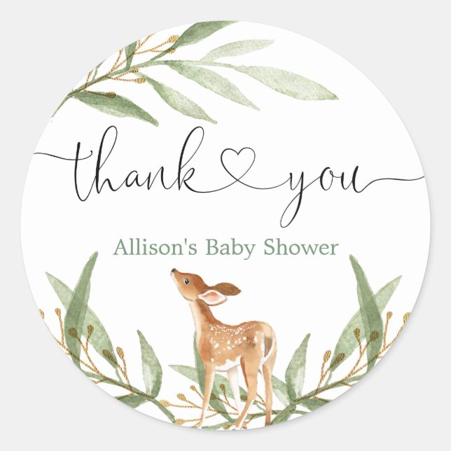 Woodland deer gender neutral greenery baby shower classic round sticker (Front)