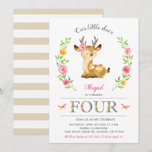 Woodland Deer Girl Floral 4th Fourth Birthday Invitation