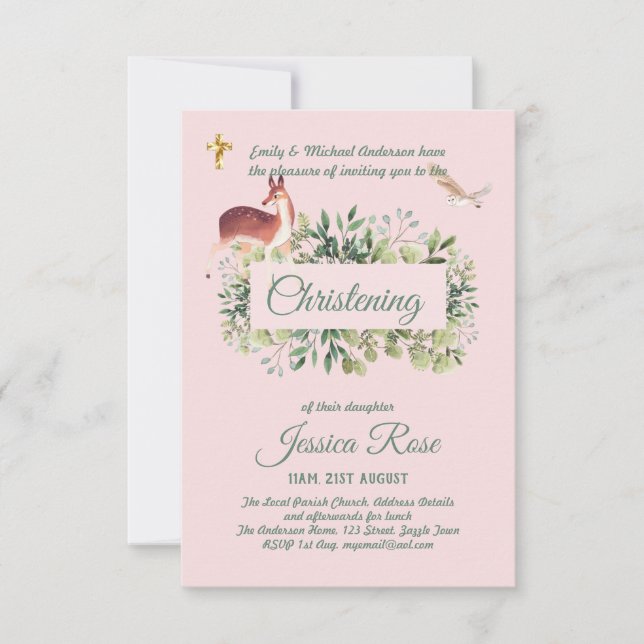 Woodland Deer Girls Christening Invites Baptism  (Front)