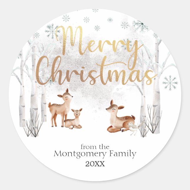 Woodland Deer Gold Merry Christmas  Classic Round Sticker (Front)