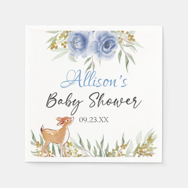 Woodland deer greenery baby shower blue floral napkin (Front)