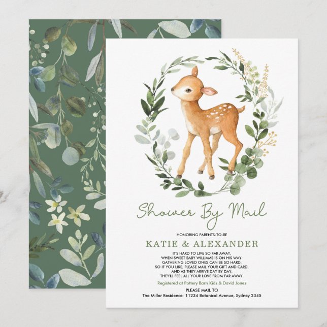 Woodland Deer Greenery Gold Baby Shower By Mail Invitation (Front/Back)