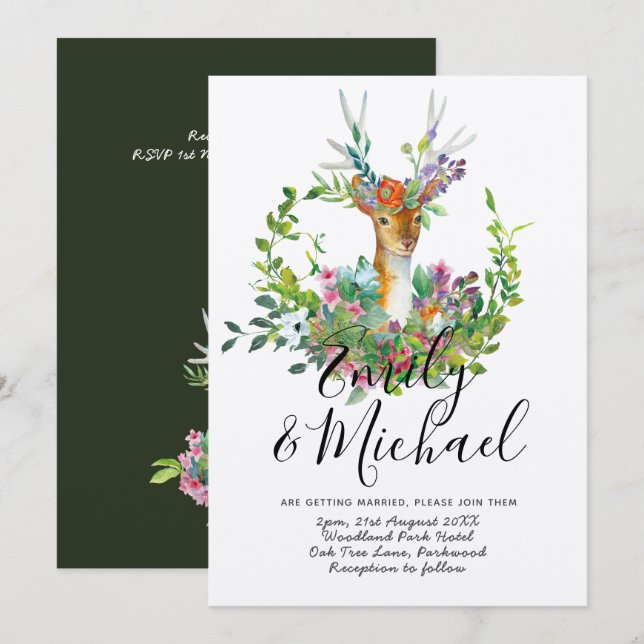 Woodland Deer Illustrated Wedding Invitation Kraft (Front/Back)