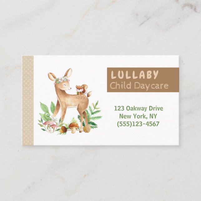 Woodland Deer In Floral Baby Child Daycare Service Business Card (Front)