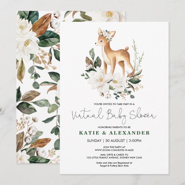 Woodland Deer Ivory Floral Virtual Baby Shower Invitation (Front/Back)
