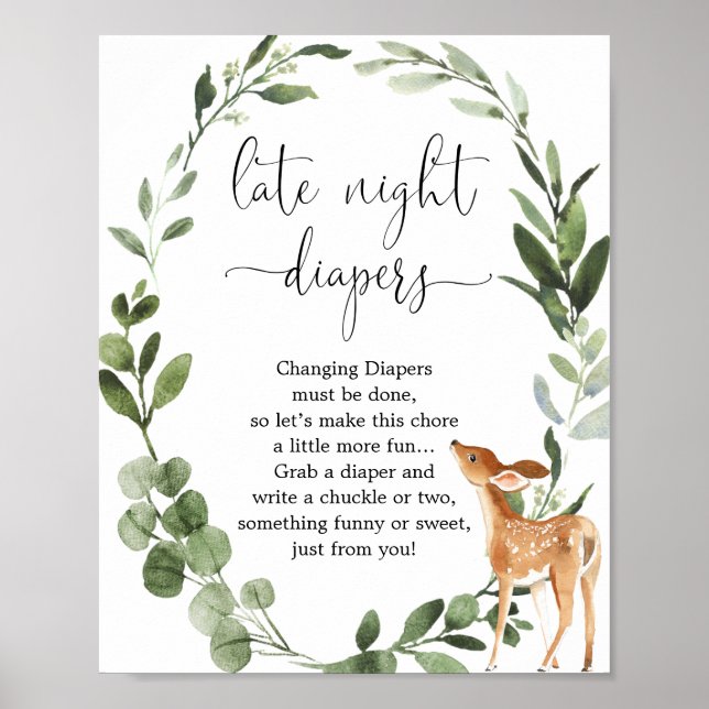Woodland Deer Late night diapers baby shower sign (Front)