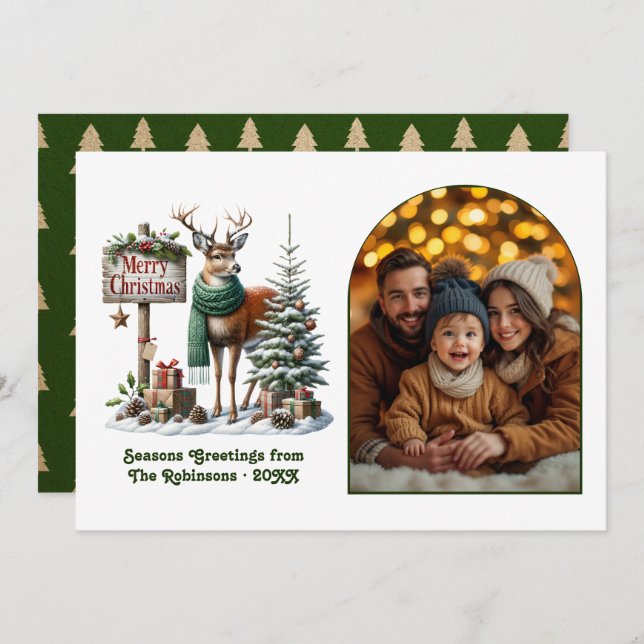 Woodland Deer Merry Christmas Rustic Forest Photo Holiday Card (Front/Back)