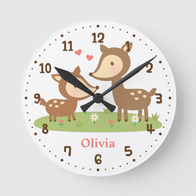 Woodland Deer Mother and Child Kids Room Decor Round Clock (Front)