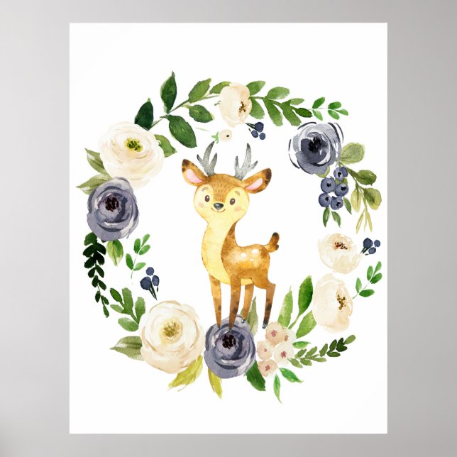 Woodland deer navy floral nursery print (Front)