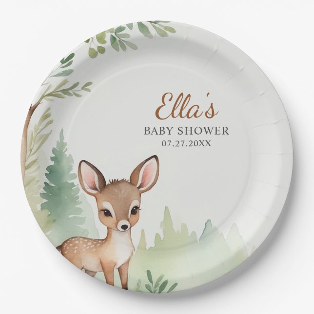 Woodland Deer Neutral Baby Shower Paper Plates (Front)