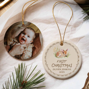 Woodland Deer New Born First Christmas Photo Ceramic Tree Decoration