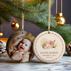 Woodland Deer Newborn Birth Stats Photo Ornament