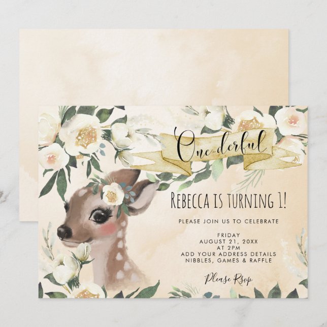 woodland deer onederful 1st birthday invitation (Front/Back)