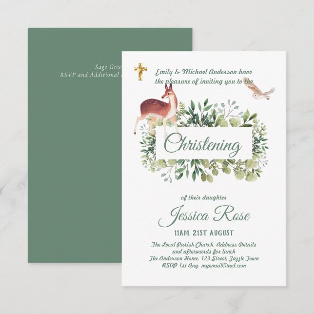 Woodland Deer Owl Christening Invites Baptism  (Front/Back)
