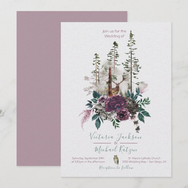 Woodland Deer Owl Watercolor Forest Wedding Invitation (Front/Back)