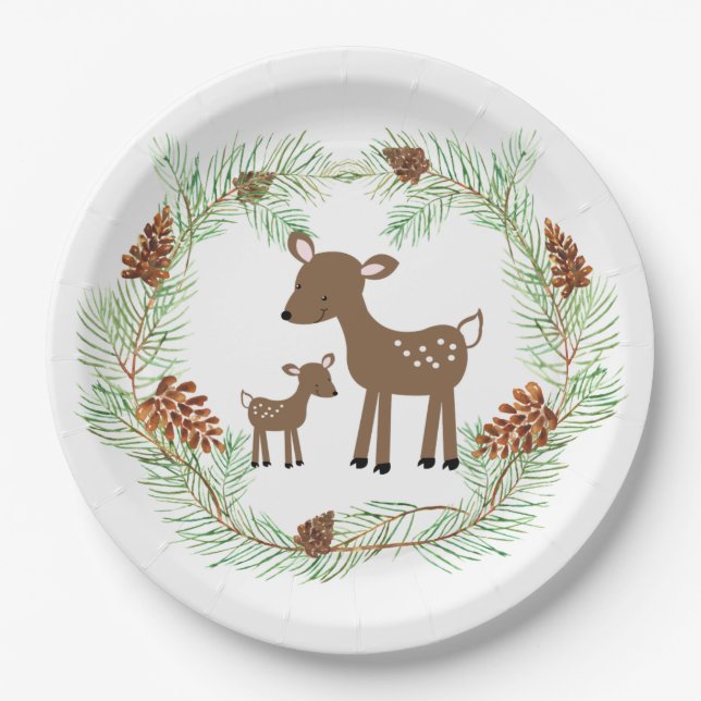 Woodland Deer Pine Cone Baby Shower Paper Plate (Front)