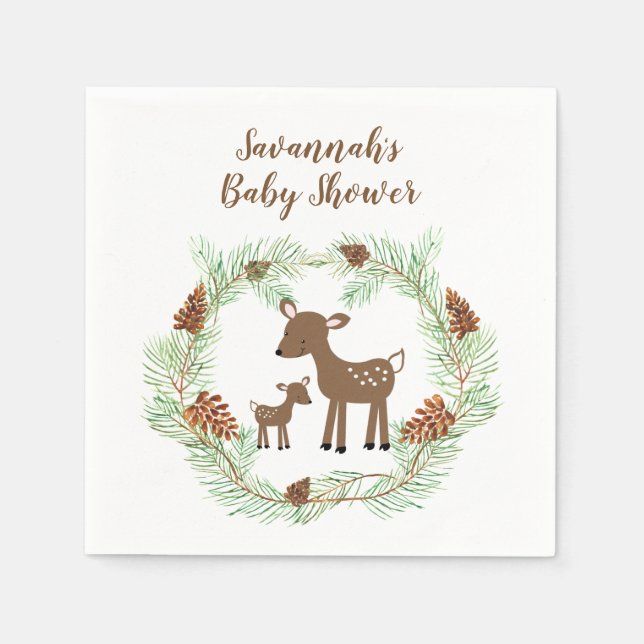 Woodland Deer Pine Cone Forest Baby Shower Napkins (Front)