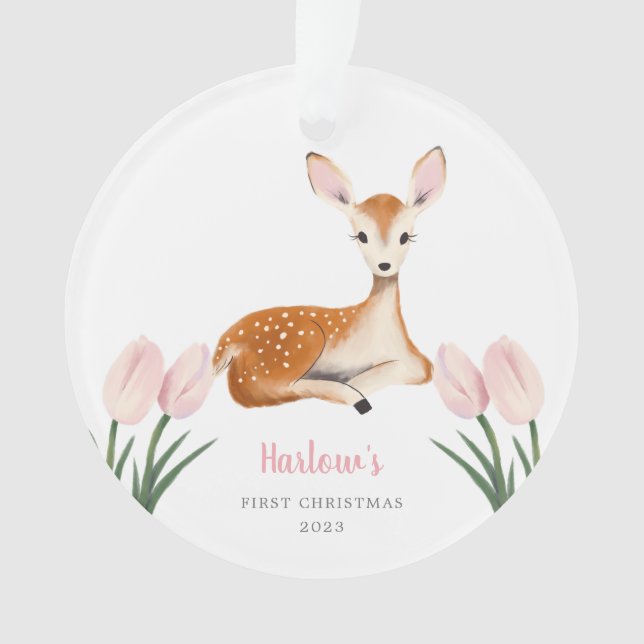Woodland Deer Pink Baby's First Christmas Ornament (Front)