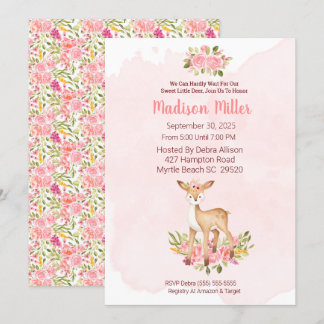 Woodland Deer Pink Floral Baby Shower Invitati Invitation