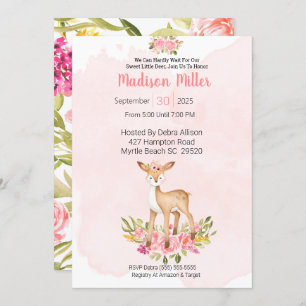  Woodland Deer Pink Floral Baby Shower    Invitation