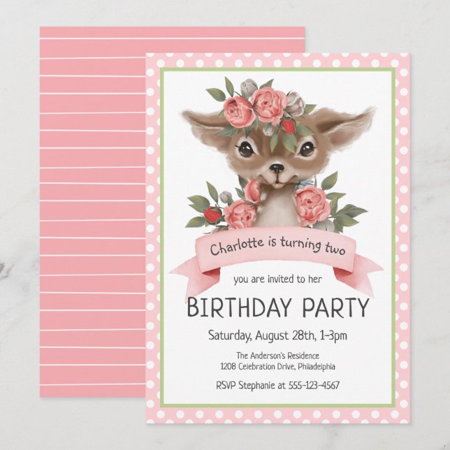 Woodland Deer Pink Girl's Birthday Party Invitation (Front/Back)