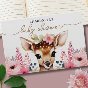 Woodland Deer Pink Gold Floral Girl Baby Shower Guest Book