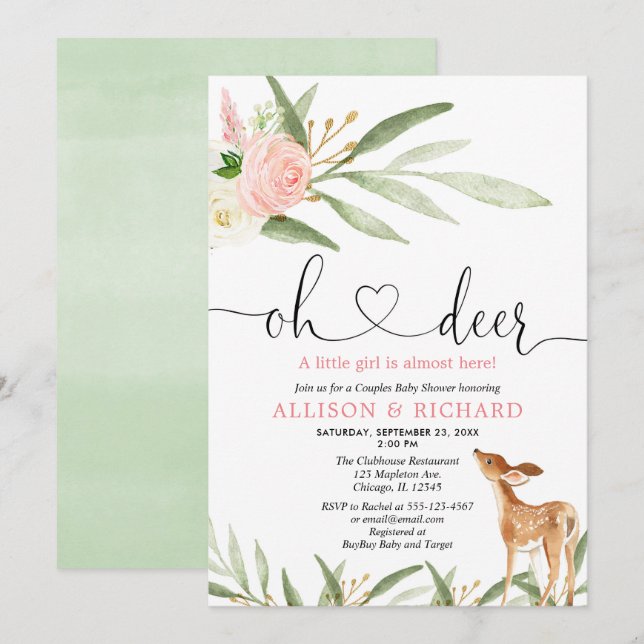 Woodland deer pink gold green couples baby shower invitation (Front/Back)