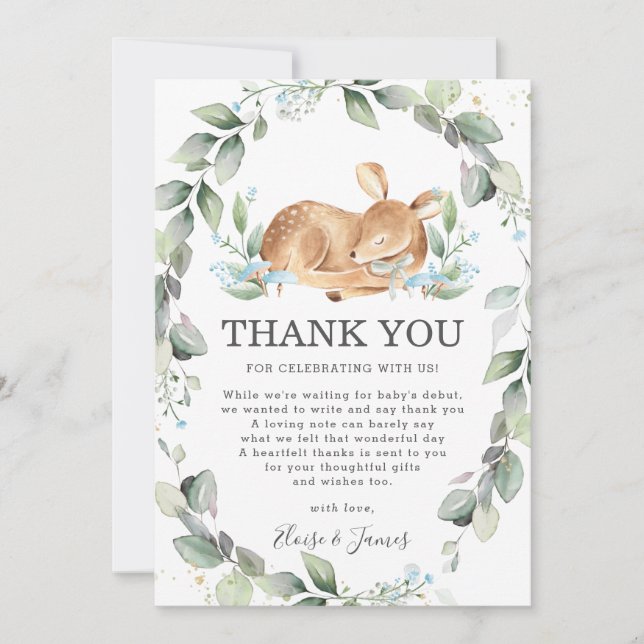 Woodland Deer Rustic Greenery Boy Baby Shower Thank You Card (Front)