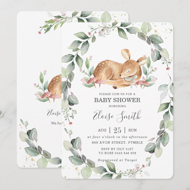 Woodland Deer Rustic Greenery Leafy Baby Shower Invitation (Front/Back)