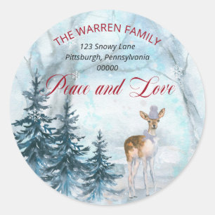 Woodland Deer Snow Peace and Love Return Address Classic Round Sticker