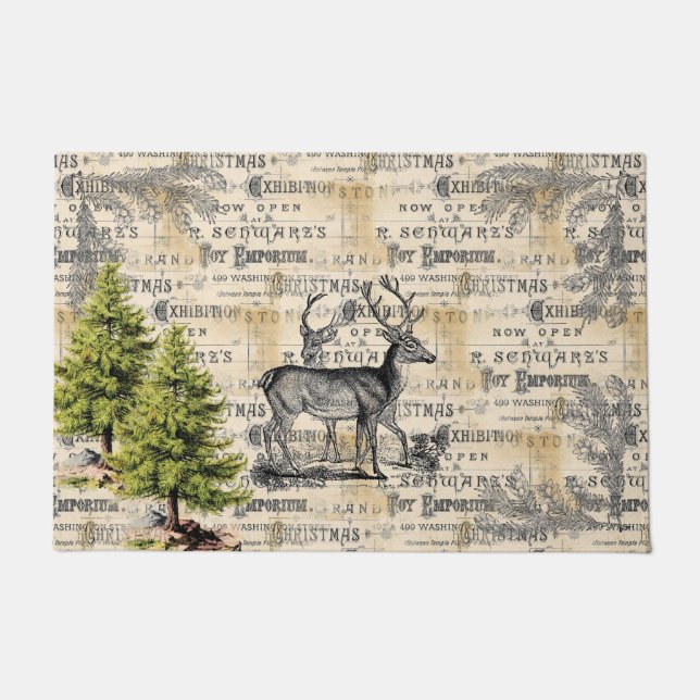 Woodland Deer Vintage Christmas Door Mat (Front)