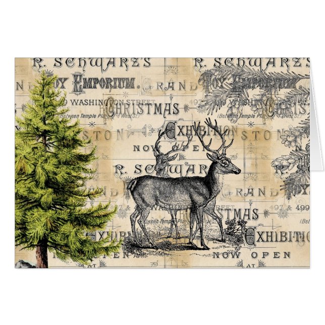 Woodland Deer Vintage Christmas Greeting Card (Front Horizontal)