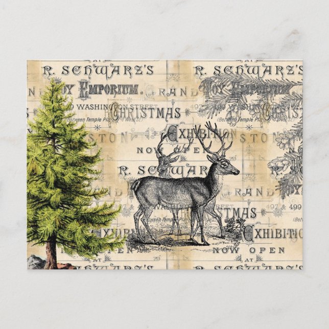 Woodland Deer Vintage Christmas Postcard (Front)