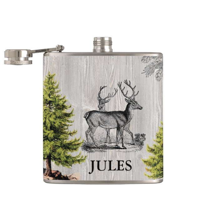 Woodland Deer Vintage Rustic Personalised Flask (Opened)