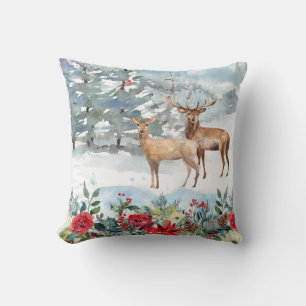 Woodland Deer Watercolor Christmas Cushion