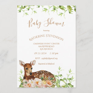 Woodland Deer Watercolor Floral Baby Shower Invitation