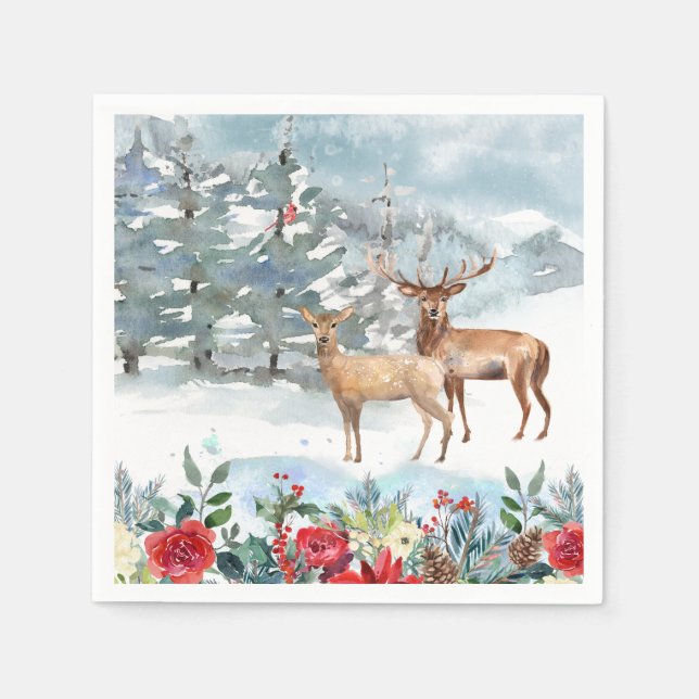 Woodland Deer Watercolor Holiday Napkin (Front)