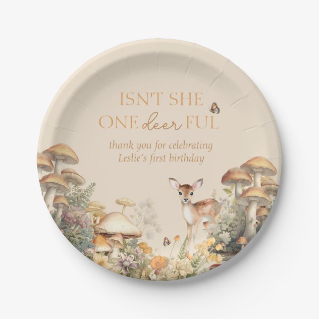Woodland Deer Whimsical First Birthday Paper Plate (Front)