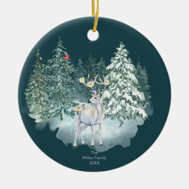 Woodland Deer Winter Forest  Ceramic Tree Decoration (Front)